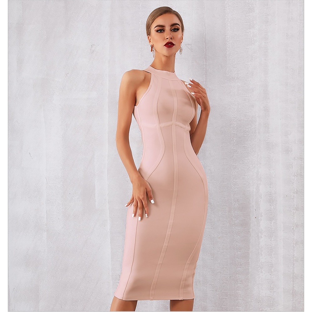 Nude Halter Bandage Bodycon Midi Cocktail Dress